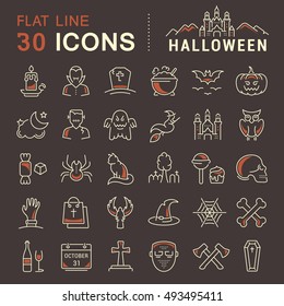 Set vector line icons in flat design Halloween party, zombie, vampire and cat. Elements to design sites, banners, business cards, games mobile applications. Collection infographic logo and pictogram.