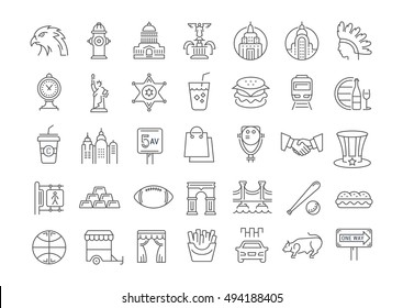 Set vector line icons in flat design USA, New York and America with elements for mobile concepts and web apps. Collection modern infographic logo and pictogram.
