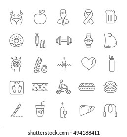 Set vector line icons in flat design obesity, junk food and health with elements for mobile concepts and web apps. Collection modern infographic logo and pictogram.