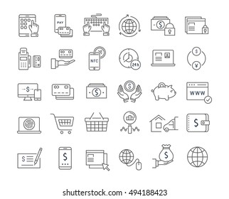 Establecer iconos de línea vectorial en diseño plano banca en línea, pago y compra con elementos para conceptos móviles y aplicaciones web. Colección moderna de logotipo y pictograma infográfico.