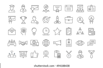 Set vector line icons in flat design  and development, training course, business meeting with elements for mobile concepts and web apps. Collection modern infographic logo and sign.