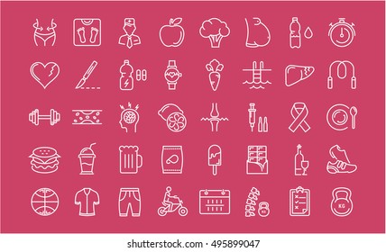 Set vector line icons in flat design Slimming, Healthy Food and Diet with elements for mobile concepts and web apps. Collection modern infographic logo and pictogram.