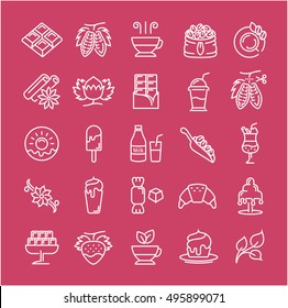 Coloque iconos vectoriales en chocolate de diseño plano, postre, cacao y dulces con elementos para conceptos móviles y aplicaciones web. Colección moderna de logotipo y pictograma infográfico.