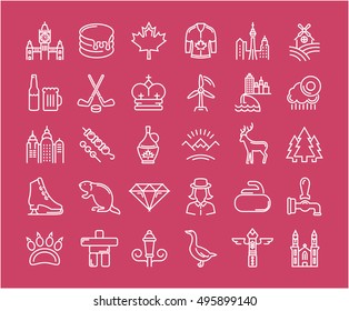 Set vector line icons in flat design Canada, North America and architecture with elements for mobile concepts and web apps. Collection modern infographic logo and pictogram.