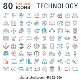 Set vector line icons in flat design technology, electric car, smart city, house , internet of things, online payment. Elements for mobile concepts. Collection modern infographic logo and pictogram.