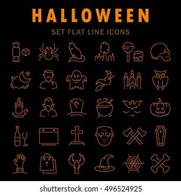 Set vector line icons in flat design Halloween party, zombie, vampire and cat. Elements to design sites, banners, business cards, games mobile applications. Collection infographic logo and pictogram.