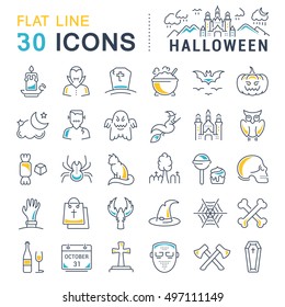 Set vector line icons in flat design Halloween party, zombie, vampire and cat. Elements to design sites, banners, business cards, games mobile applications. Collection infographic logo and pictogram.