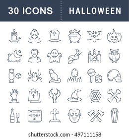 Set vector line icons in flat design Halloween party, zombie, vampire and cat. Elements to design sites, banners, business cards, games mobile applications. Collection infographic logo and pictogram.