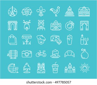 Set vector line icons in flat design France, Paris and Europe with elements for mobile concepts and web apps. Collection modern infographic logo and pictogram.