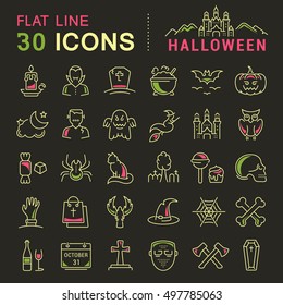 Set vector line icons in flat design Halloween party, zombie, vampire and cat. Elements to design sites, banners, business cards, games mobile applications. Collection infographic logo and pictogram.