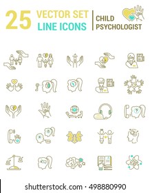 Set vector line icons in flat design with psychological help for kids elements f