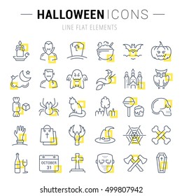 Set vector line icons in flat design Halloween party, zombie, vampire and cat. Elements to design sites, banners, business cards, games mobile applications. Collection infographic logo and pictogram.