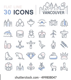 Set vector line icons in flat design Vancouver and Canada with elements for mobile concepts and web apps. Collection modern infographic logo and pictogram.