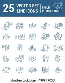 Set vector line icons in flat design with psychological help for kids elements f