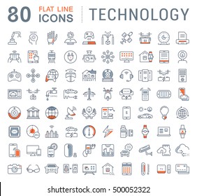 Set vector line icons in flat design technology, electric car, smart city, house , internet of things, online payment. Elements for mobile concepts. Collection modern infographic logo and pictogram.