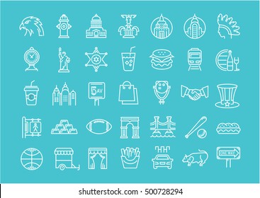 Set vector line icons in flat design USA, New York and America with elements for mobile concepts and web apps. Collection modern infographic logo and pictogram.