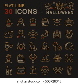 Set vector line icons in flat design Halloween party, zombie, vampire and cat. Elements to design sites, banners, business cards, games mobile applications. Collection infographic logo and pictogram.