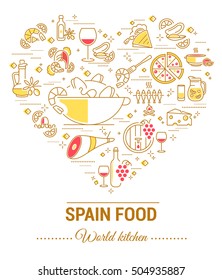 Set vector line icons in flat design with Spanish food elements for mobile concepts and web apps. Collection modern infographic logo and pictogram.