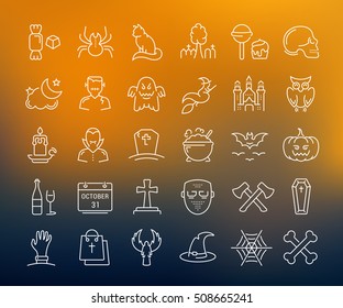 Set vector line icons in flat design Halloween party, zombie, vampire and cat. Elements to design sites, banners, business cards, games mobile applications. Collection infographic logo and pictogram.