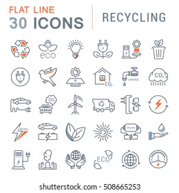 Set vector line icons in flat design recycling, eco, bio, clean energy, save water and world with elements for mobile concepts and web apps. Collection modern infographic logo and pictogram.