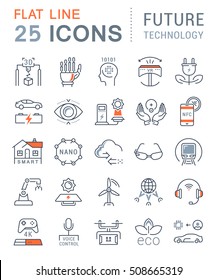 Set vector line icons in flat design future technology, eco energy, smart tech and electric transportation with elements for mobile concepts and web. Collection modern infographic logo and pictogram.