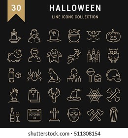 Set vector line icons in flat design Halloween party, zombie, vampire and cat. Elements to design sites, banners, business cards, games mobile applications. Collection infographic logo and pictogram.