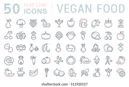 Set vector line icons in flat design of Vegan Food for Veganism with elements for mobile concepts and web apps. Collection modern infographic logo and pictogram.