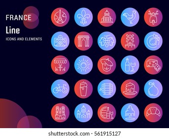 Set vector line icons in flat design France, Paris and Europe with elements for mobile concepts and web apps. Collection modern infographic logo and pictogram.