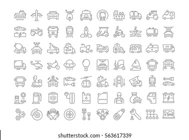 Set vector line icons in flat design transport, mechanics, electronics with elements for mobile concepts and web apps. Collection modern infographic logo and pictogram.