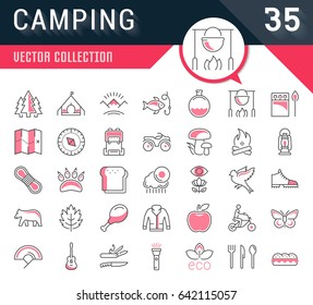 Set vector line icons in flat design camping, eco and ecotourism with elements for mobile concepts and web apps. Collection modern infographic logo and pictogram.
