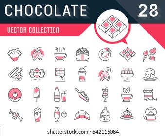 Set vector line icons in flat design chocolate, dessert, cacao and candy with elements for mobile concepts and web apps. Collection modern infographic logo and pictogram.
