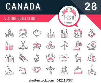Set vector line icons in flat design Canada, North America and architecture with elements for mobile concepts and web apps. Collection modern infographic logo and pictogram.