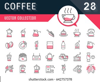 Set vector line icons in flat design coffee and coffee shop with elements for mobile concepts and web apps. Collection modern infographic logo and pictogram.