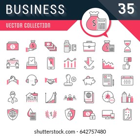 Set vector line icons in flat design business, finance and teamwork with elements for mobile concepts and web apps. Collection modern infographic logo and pictogram.