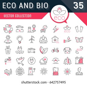 Set vector line icons in flat design eco and bio, organic and recycling with elements for mobile concepts and web apps. Collection modern infographic logo and pictogram.