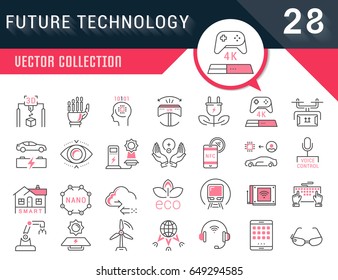 Set vector line icons in flat design future technology, eco energy, smart tech and electric transportation with elements for mobile concepts and web. Collection modern infographic logo and pictogram.