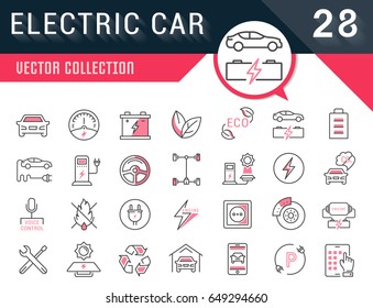 Set vector line icons in flat design electric cars and eco transport with elements for mobile concepts and web apps. Collection modern infographic logo and pictogram.