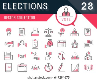 Set vector line icons in flat design voting and elections. Collection politics symbol with elements for mobile concepts and web apps. Collection modern infographic logo and pictogram.