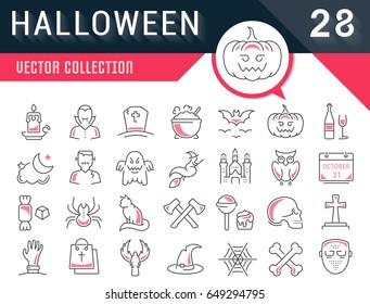 Set vector line icons in flat design Halloween party, zombie, vampire and cat. Elements to design sites, banners, business cards, games mobile applications. Collection infographic logo and pictogram.