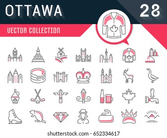 Set vector line icons in flat design Ottawa, Canada and North America with elements for mobile concepts and web apps. Collection modern infographic logo and pictogram.
