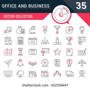 Set vector line icons in flat design office and business with elements for mobile concepts and web apps. Collection modern infographic logo and pictogram.