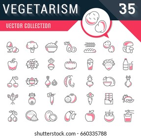 Set vector line icons in flat design Vegetarianism and Vegan with elements for mobile concepts and web apps. Collection modern infographic logo and pictogram.