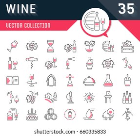 Set vector line icons in flat design wine making, grape cultivation, tasting, storage and sale of wine with elements for mobile concepts and web apps. Collection modern infographic logo and pictogram.