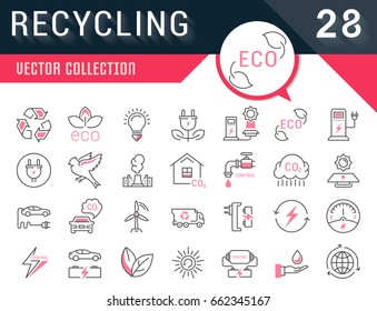 Set vector line icons in flat design recycling, eco, bio, clean energy, save water and world with elements for mobile concepts and web apps. Collection modern infographic logo and pictogram.