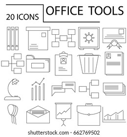 Set vector line icons in flat design office tools with elements for mobile concepts and web apps. Collection modern infographic logo and pictogram