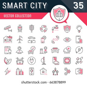 Set vector line icons in flat design smart city and technology with elements for mobile concepts and web apps. Collection modern infographic logo and pictogram.