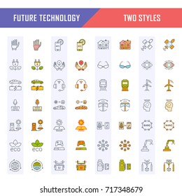 Set vector line icons in flat design future technology, eco energy, smart tech and electric transportation with elements for mobile concepts and web. Collection modern infographic logo and pictogram.