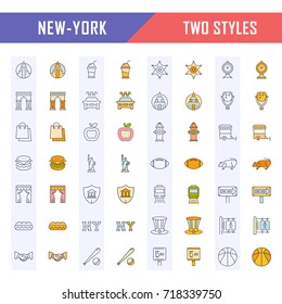 Set vector line icons in flat design New York and USA with elements for mobile concepts and web apps. Collection modern infographic logo and pictogram.