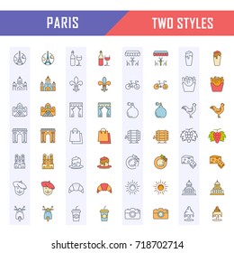 Set vector line icons in flat design Paris and France with elements for mobile concepts and web apps. Collection modern infographic logo and pictogram.