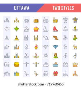 Set vector line icons in flat design Ottawa, Canada and North America with elements for mobile concepts and web apps. Collection modern infographic logo and pictogram.
